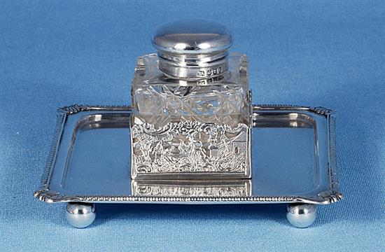 A Victorian silver square inkstand, 5 ¼”/135mm Weight (base only) 7oz/197grms